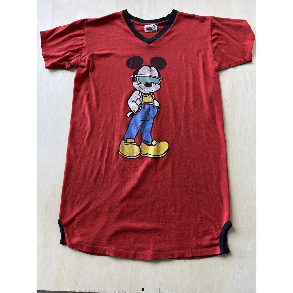 Vintage 90s Disney Mickey Mouse Sleepshirt One Size Red V Neck Graphic Sleepwear